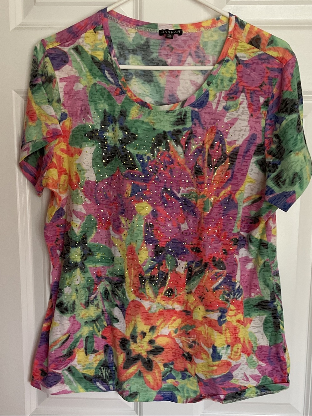 Hannah Multicolor Floral Short Sleeve Tee with Rhinestone Detail